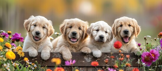 cute Golden Retriever puppies among flowers. close up 