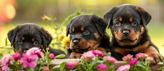 cute Rottweiler puppies among flowers. close up  - obrazy, fototapety, plakaty