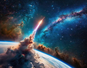 Rocket launch from the Earth planet through the clouds with a bright glow of the engine on the orbit and a bright blue nebula galaxy. 