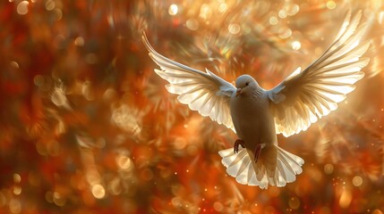 Holy Spirit as a dove flying through an ethereal landscape of flames and color a digital masterpiece - obrazy, fototapety, plakaty