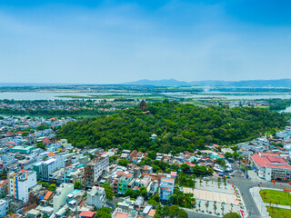 Fototapeta premium Aerial view of Nhan temple, tower is an artistic architectural work of Champa people in Tuy Hoa city, Phu Yen province, Vietnam