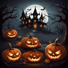 Halloween banner illustration with scary pumpkins background concept 