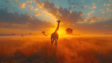  Giraffe and Morning Sunrise. Green Vegetation With Animal Portrait. Orange Light in the Forest - Generative AI