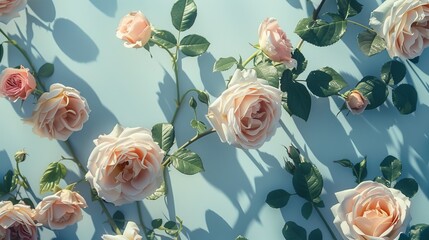 delicate peach-colored roses on a soft blue background . beige roses on blue 