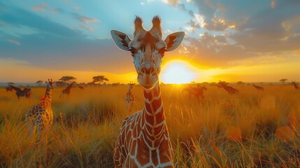  Giraffe and Morning Sunrise. Green Vegetation With Animal Portrait. Orange Light in the Forest -...