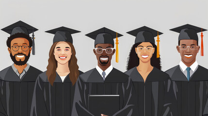 Group of different multiethnic graduates in black caps and gowns with diplomas. University students on a gray background. Flat illustration. Copy space.