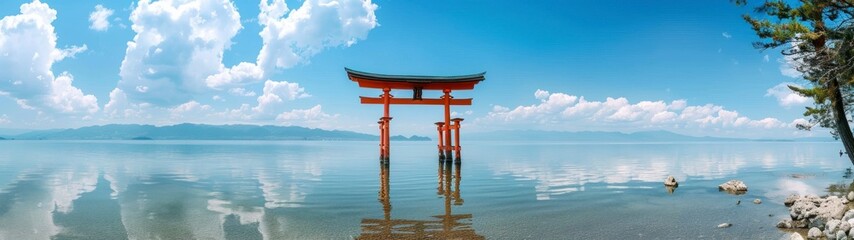 panoramic 32:9 Torii gates in a large lake