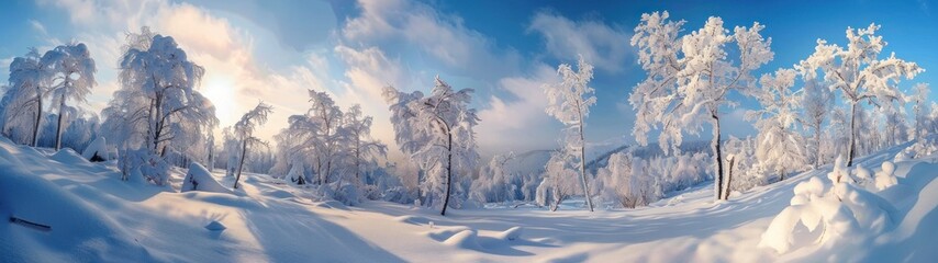 panoramic 32:9 landscape of trees covered with snow