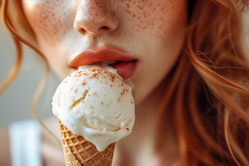 Cute girl with freckles is eating white melting ice cream in waffle cone. Sweet treat, pleasure of eating. Close-up on beautiful pink lips. - obrazy, fototapety, plakaty