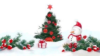 Fototapeta na wymiar Christmas tree with decorations and snowman.