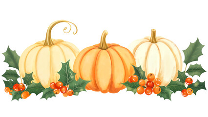 Pumpkins with holly leaves on a transparent background.