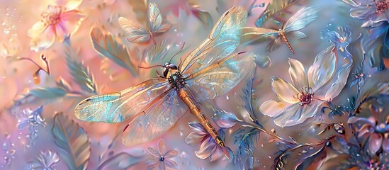 golden and blue dragonflies, butterflies and flowers with a pinkish tint 