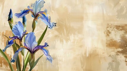 iris flowers painted with oil paints on a beige background