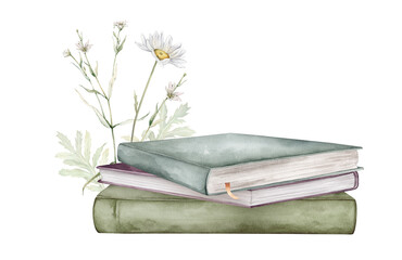 Watercolor illustration plants and stacks of books for reading, pile of textbooks for education. Chamomile or daisy and white little flower. Green and blue color illustration isolated on background