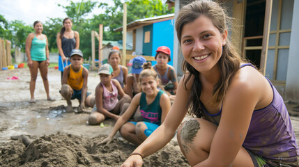 International volunteers building homes for families in need. Happiness, love, health, tolerance