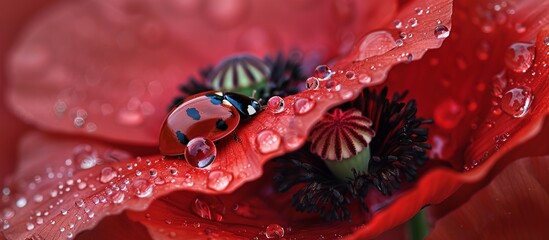 ladybug on a red poppy flower in drops of dew