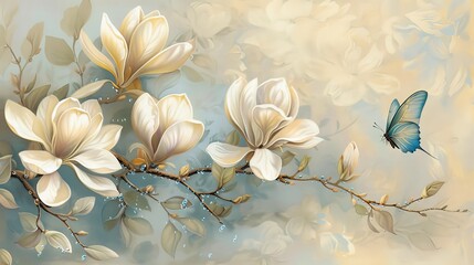 magnolia flowers in delicate cream tones in the dew and blue butterfly 