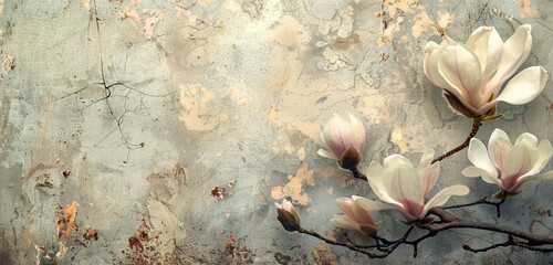 magnolia branch on a textured background, pastel colors and black accents, photo wallpaper in a room or home interior
