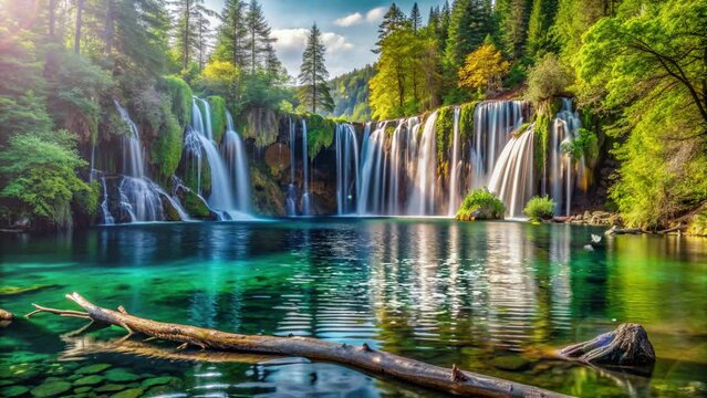 waterfall in a lake with clear water and fallen trees