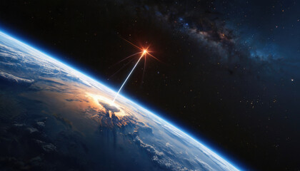 Rocket launch from the Earth planet through the clouds with a bright glow of the engine on the orbit and a bright blue nebula galaxy. 