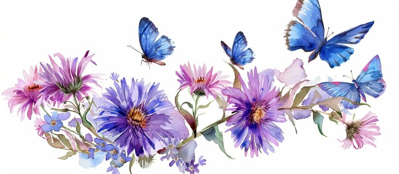 purple and pink aster flowers and blue butterflies painted in watercolor