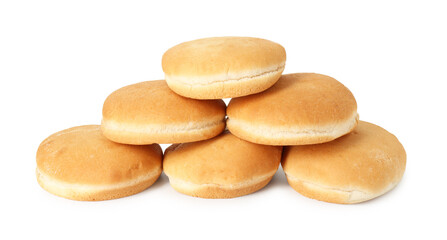 Many fresh burger buns isolated on white