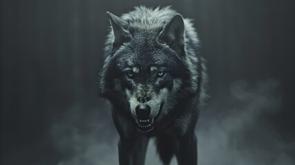 Fototapeta premium Fierce and Fearless Predator Intense Close Up of Growling Gray Wolf s Penetrating Gaze