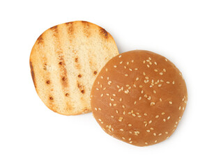 Halves of grilled burger bun isolated on white, top view