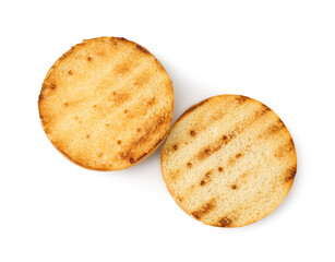 Halves of grilled burger bun isolated on white, top view
