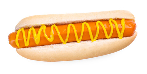 Yummy hot dog with mustard isolated on white, top view