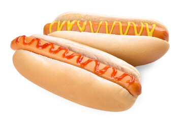 Tasty hot dogs with ketchup and mustard isolated on white