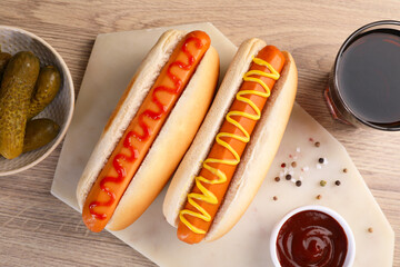 Tasty hot dogs with ketchup and mustard served on wooden table, flat lay