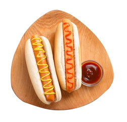 Tasty hot dogs with ketchup and mustard isolated on white, top view