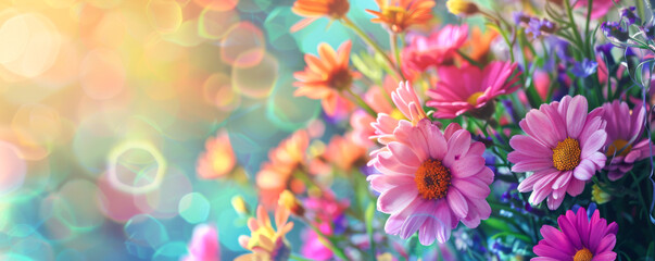 Fototapeta premium Colorful bouquet of flowers on bokeh background with copy space. Mother's day background.