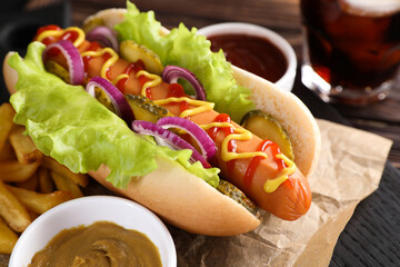 Delicious hot dog with lettuce, onion and pickle served on table, closeup