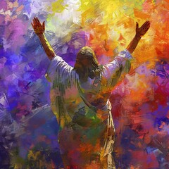 Jesus Christ arms raised in a gesture of blessing set in a vibrant digital painting