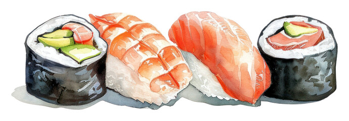 PNG Sushi border watercolor rice food meal - obrazy, fototapety, plakaty