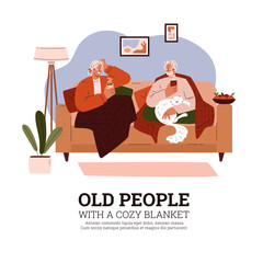 Elderly couple relaxing with cat vector illustration