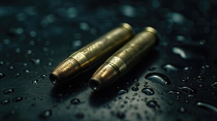 Two bullets placed on a dark plastic surface - obrazy, fototapety, plakaty