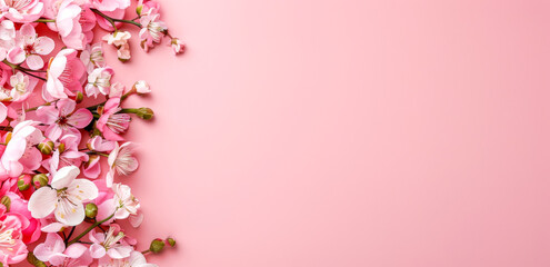 Pink flowers on pink background. Flat lay, top view, copy space. Mother's day background.