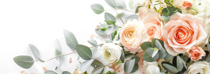 Bouquet of pink roses and eucalyptus branches on white background. Flat lay, top view. Mother's day background.

