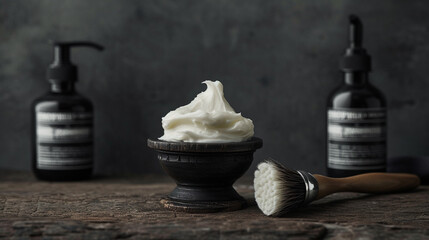 Zlade's shaving cream and brush on a dark wood surface, ready for use, signaling the start of a grooming ritual, against a muted grey background. - obrazy, fototapety, plakaty