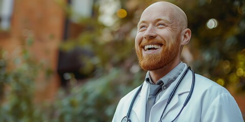Welcoming ginger-haired male doctor with a tie, stethoscope, and outdoor bokeh.