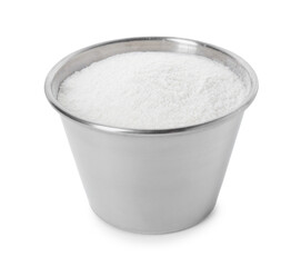 Baking powder in metal cup isolated on white