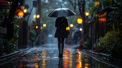 Obraz premium Solitary Walk on a Rainy Evening in the City.