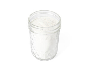 Baking powder in glass jar isolated on white