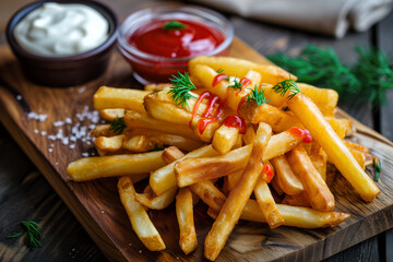 French fries fast food meal eating snack with ketchup and mayonnaise on a wooden board - 786524959