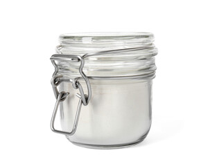 Baking powder in glass jar isolated on white