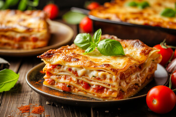 Lasagne bolognese delicious pasta meal eating lunch with basil tomatoes and cheese on a plate - 786524994