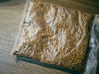 a bag of buckwheat on the table.